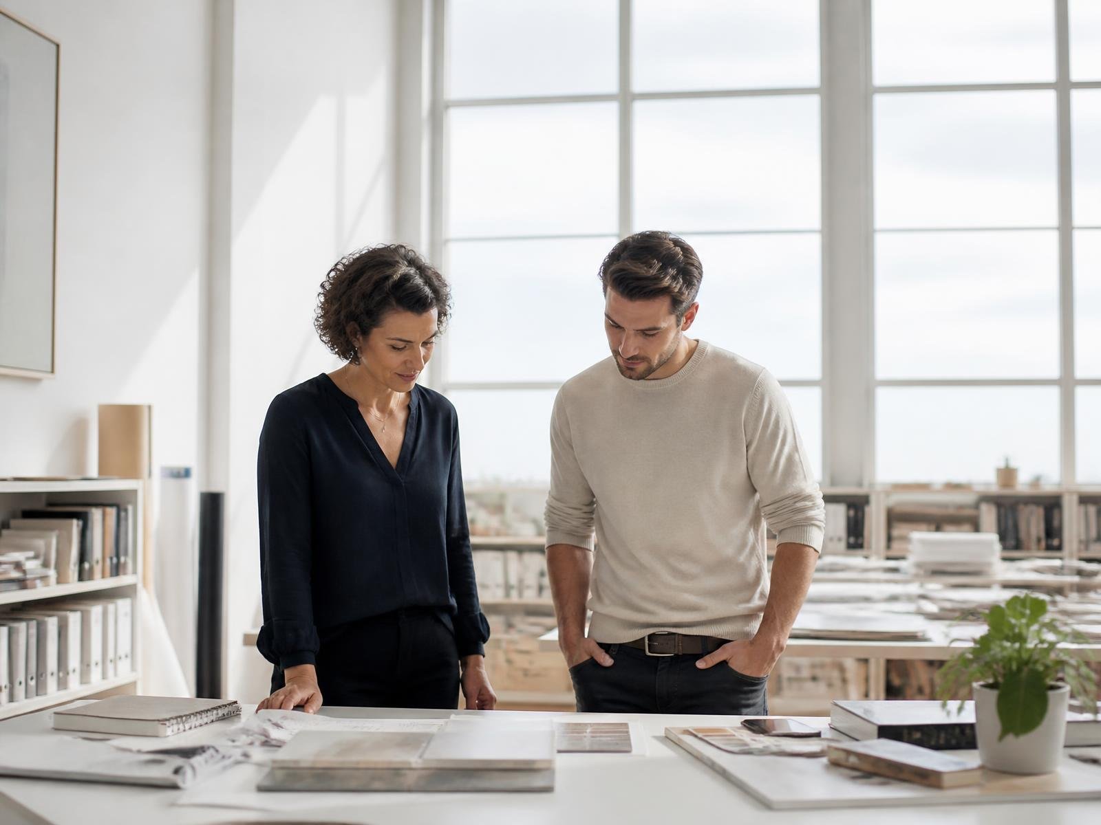 Duas pessoas em um espaço de trabalho amplo e luminoso, observando seu trabalho com tranquilidade